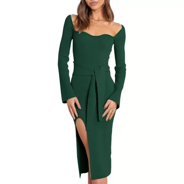 imageANRABESS Womens 2023 Fall Long Sleeve Sweetheart Neck Tie Waist Slit Side Kibbed Knit Slim Bodycon Midi Sweater DressGreen