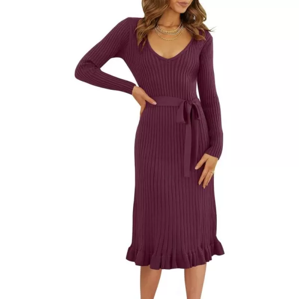 imageANRABESS Womens 2023 Fall Sweater Dress Long Sleeve V Neck Pleated Slim Ribbed Knit Midi Dresses with BeltANRABESS Womens 2023 Fall Sweater Dress Long Sleeve V Neck Pleated Slim Ribbed Knit Midi Dresses with Belt