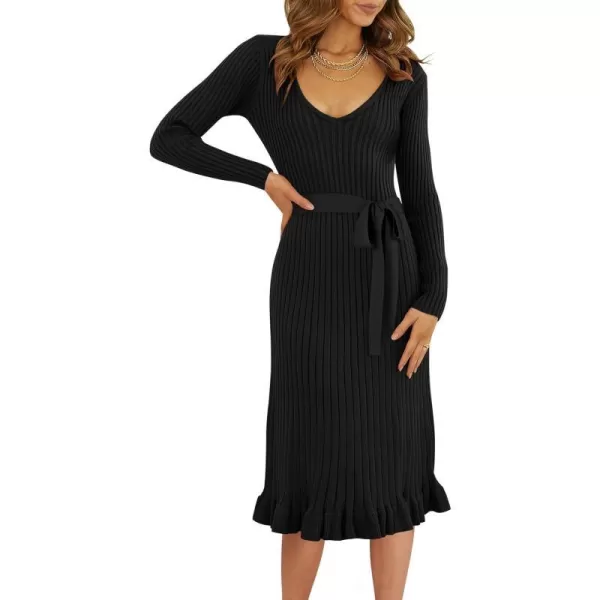 imageANRABESS Womens 2023 Fall Sweater Dress Long Sleeve V Neck Pleated Slim Ribbed Knit Midi Dresses with BeltBlack