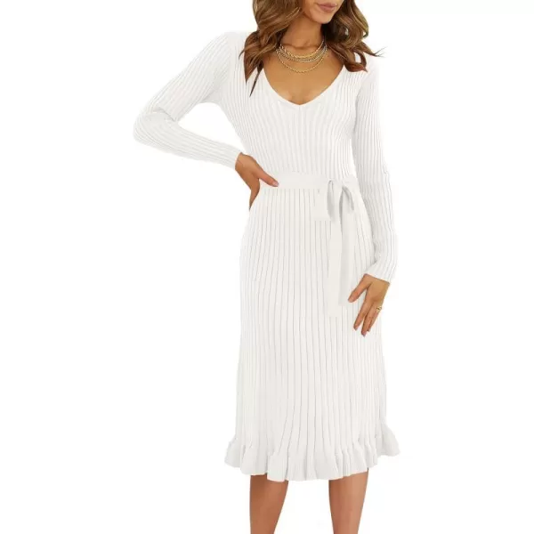 imageANRABESS Womens 2023 Fall Sweater Dress Long Sleeve V Neck Pleated Slim Ribbed Knit Midi Dresses with BeltWhite