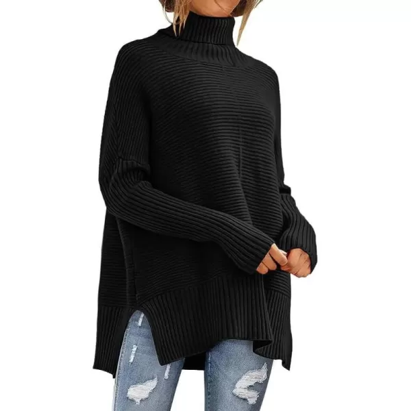 imageANRABESS Womens 2023 Fall Sweaters Oversized Turtleneck Long Batwing Sleeve Split Hem Pullover Knit Sweater TopsBlack