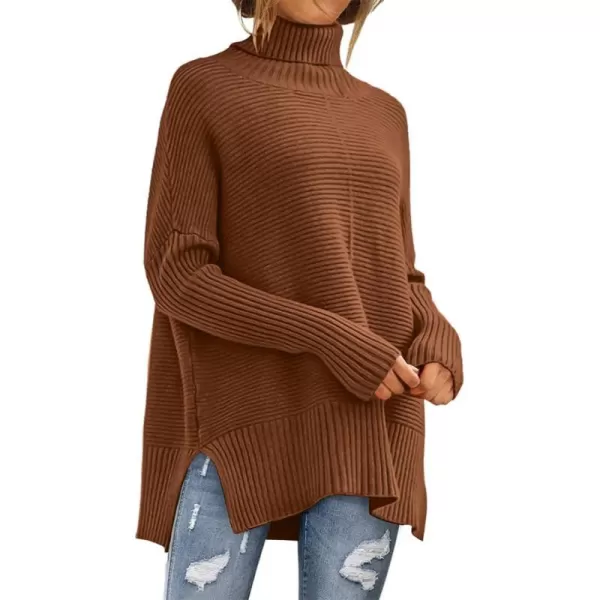 imageANRABESS Womens 2023 Fall Sweaters Oversized Turtleneck Long Batwing Sleeve Split Hem Pullover Knit Sweater TopsBrown