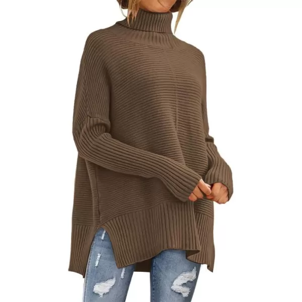 imageANRABESS Womens 2023 Fall Sweaters Oversized Turtleneck Long Batwing Sleeve Split Hem Pullover Knit Sweater TopsCamel