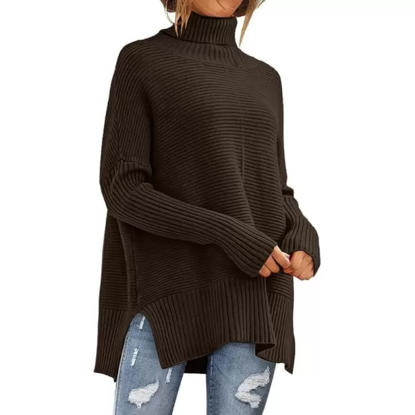 imageANRABESS Womens 2023 Fall Sweaters Oversized Turtleneck Long Batwing Sleeve Split Hem Pullover Knit Sweater TopsCoffee