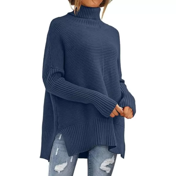 imageANRABESS Womens 2023 Fall Sweaters Oversized Turtleneck Long Batwing Sleeve Split Hem Pullover Knit Sweater TopsDark Blue