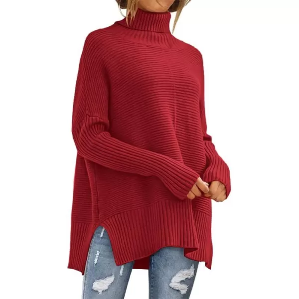 imageANRABESS Womens 2023 Fall Sweaters Oversized Turtleneck Long Batwing Sleeve Split Hem Pullover Knit Sweater TopsDeep Red