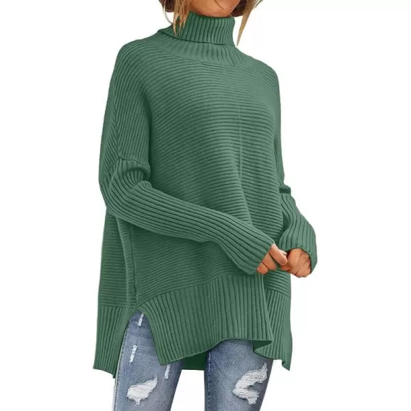 imageANRABESS Womens 2023 Fall Sweaters Oversized Turtleneck Long Batwing Sleeve Split Hem Pullover Knit Sweater TopsGreen