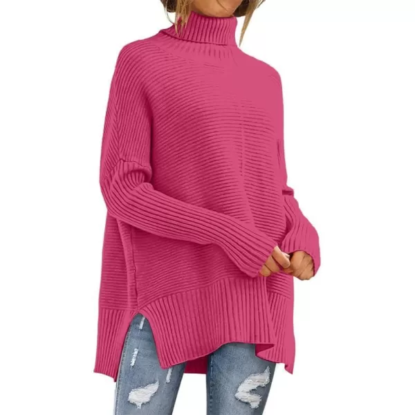 imageANRABESS Womens 2023 Fall Sweaters Oversized Turtleneck Long Batwing Sleeve Split Hem Pullover Knit Sweater TopsHot Pink