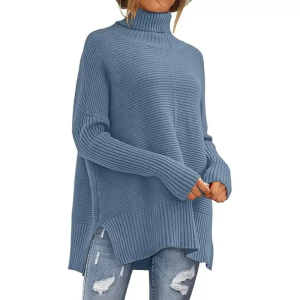 imageANRABESS Womens 2023 Fall Sweaters Oversized Turtleneck Long Batwing Sleeve Split Hem Pullover Knit Sweater TopsIndigo