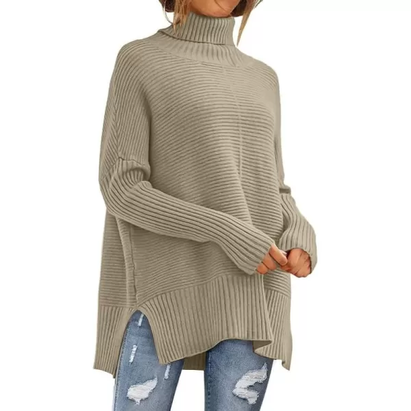 imageANRABESS Womens 2023 Fall Sweaters Oversized Turtleneck Long Batwing Sleeve Split Hem Pullover Knit Sweater TopsKhaki