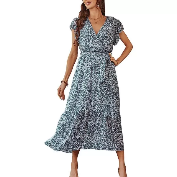 imageANRABESS Womens 2023 Floral Summer Dress Wrap V Neck Short Sleeve Belted Ruffle Hem ALine Bohemian Maxi DressesGreen