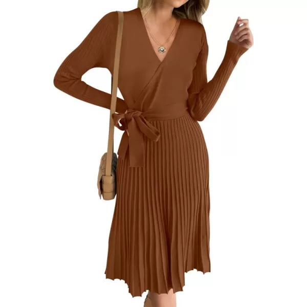 imageANRABESS Womens 2023 Long Sleeve Sweater Dress Wrap V Neck Pleated Ribbed Knit A Line Belted Tie Waist Midi DressCaramel