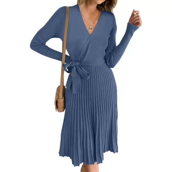 imageANRABESS Womens 2023 Long Sleeve Sweater Dress Wrap V Neck Pleated Ribbed Knit A Line Belted Tie Waist Midi DressDusty Blue