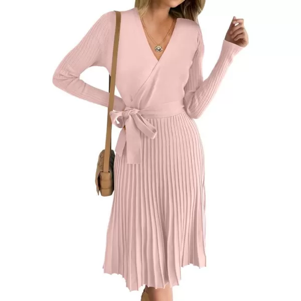 imageANRABESS Womens 2023 Long Sleeve Sweater Dress Wrap V Neck Pleated Ribbed Knit A Line Belted Tie Waist Midi DressPink