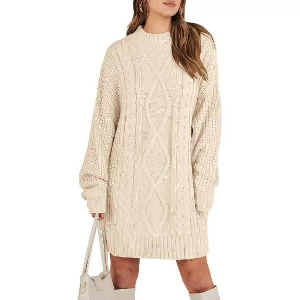 imageANRABESS Womens 2023 Oversized Sweater Dress Long Sleeve Crewneck Chunky Cable Knit Casual Short Pullover Dress TopsApricot