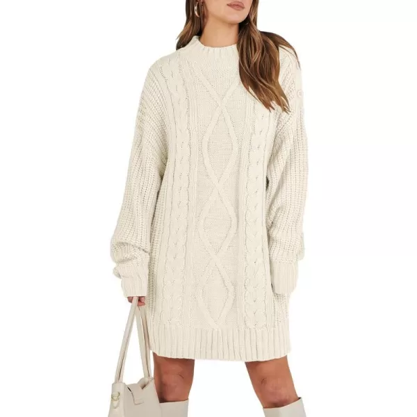 imageANRABESS Womens 2023 Oversized Sweater Dress Long Sleeve Crewneck Chunky Cable Knit Casual Short Pullover Dress TopsBeige