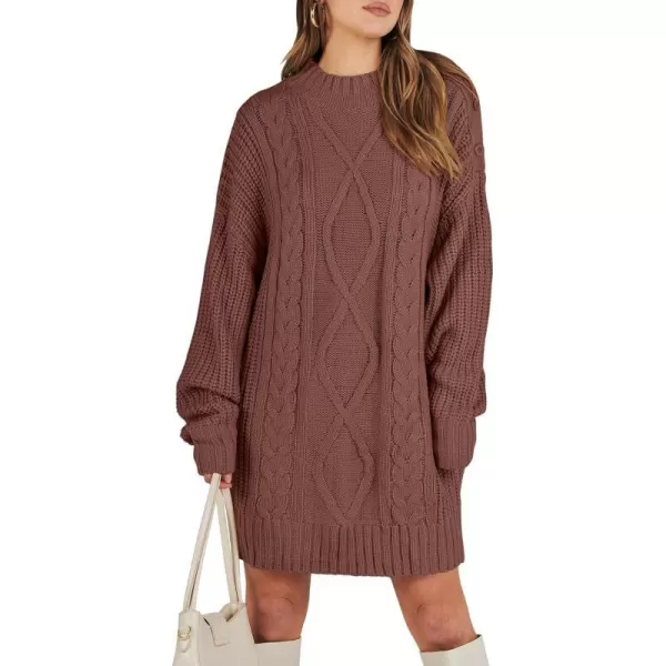 imageANRABESS Womens 2023 Oversized Sweater Dress Long Sleeve Crewneck Chunky Cable Knit Casual Short Pullover Dress TopsCaramel