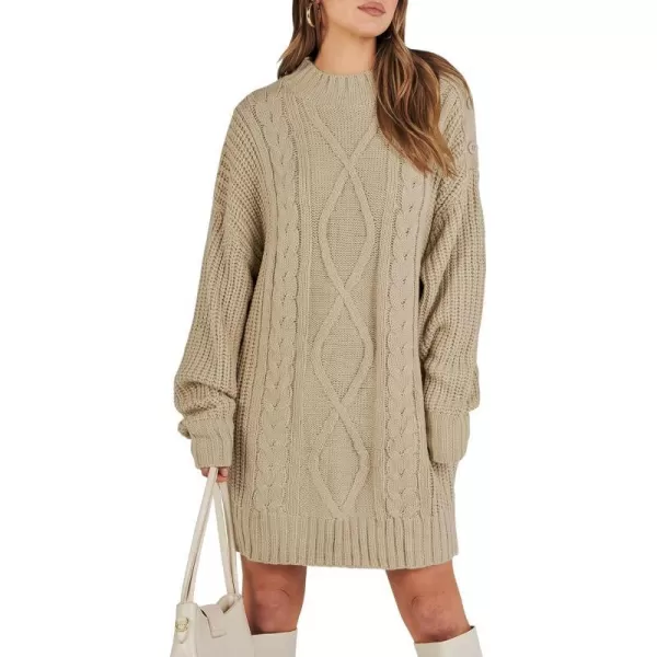 imageANRABESS Womens 2023 Oversized Sweater Dress Long Sleeve Crewneck Chunky Cable Knit Casual Short Pullover Dress TopsKhaki