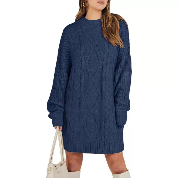 imageANRABESS Womens 2023 Oversized Sweater Dress Long Sleeve Crewneck Chunky Cable Knit Casual Short Pullover Dress TopsNavy