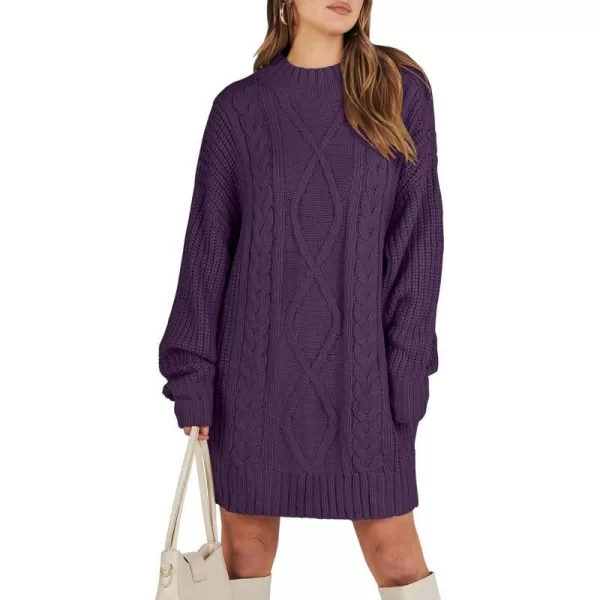 imageANRABESS Womens 2023 Oversized Sweater Dress Long Sleeve Crewneck Chunky Cable Knit Casual Short Pullover Dress TopsPurple