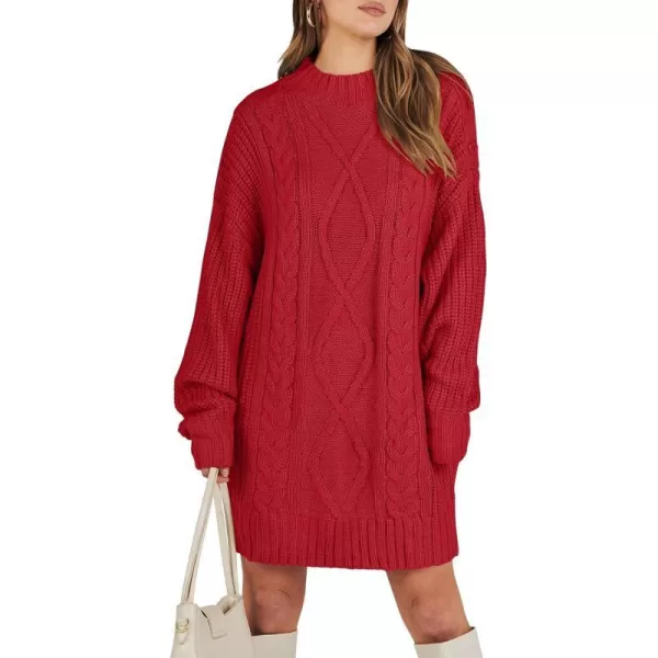 imageANRABESS Womens 2023 Oversized Sweater Dress Long Sleeve Crewneck Chunky Cable Knit Casual Short Pullover Dress TopsRed