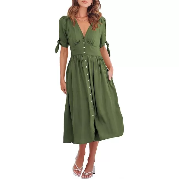 imageANRABESS Womens 2023 Spring Summer Casual Short Sleeves Deep V Neck Button Down ALine Midi DressArmy Green