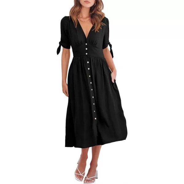 imageANRABESS Womens 2023 Spring Summer Casual Short Sleeves Deep V Neck Button Down ALine Midi DressBlack