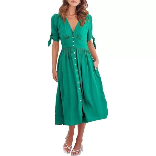 imageANRABESS Womens 2023 Spring Summer Casual Short Sleeves Deep V Neck Button Down ALine Midi DressGreen