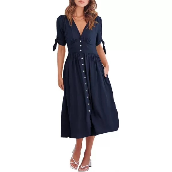 imageANRABESS Womens 2023 Spring Summer Casual Short Sleeves Deep V Neck Button Down ALine Midi DressNavy Blue