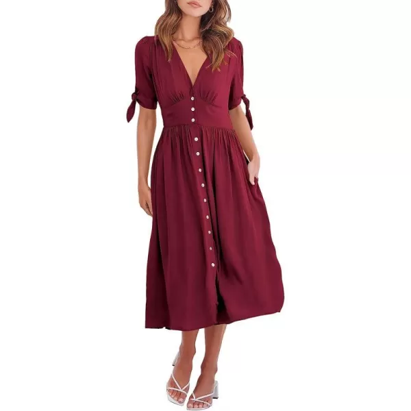 imageANRABESS Womens 2023 Spring Summer Casual Short Sleeves Deep V Neck Button Down ALine Midi DressRed