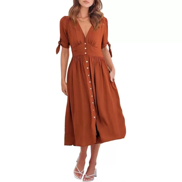 imageANRABESS Womens 2023 Spring Summer Casual Short Sleeves Deep V Neck Button Down ALine Midi DressRust