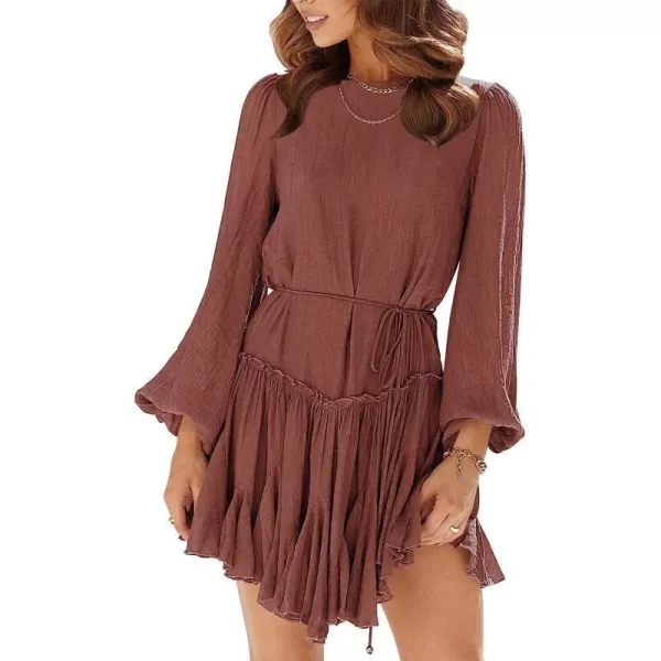 imageANRABESS Womens 2023 Spring Summer Crewneck Puff Sleeve Babydoll Dress Ruffle Tiered ALine Flowy Skater Mini DressRust