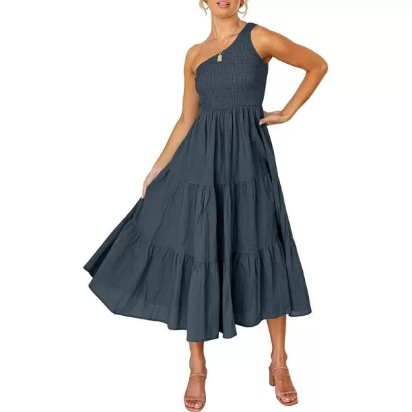 imageANRABESS Womens 2023 Summer Bohemian One Shoulder Sleeveless Smocked Ruffle Tiered Beach Maxi Sun DressNavy Blue