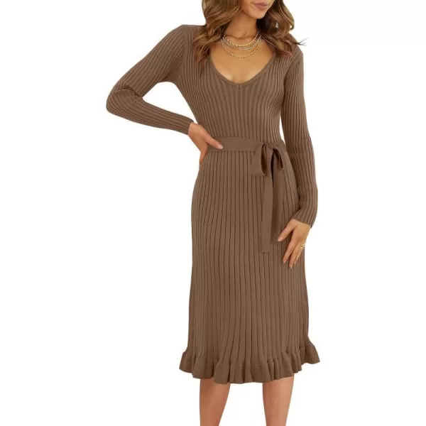 imageANRABESS Womens 2023 Sweater Dress Long Sleeve V Neck Pleated Slim Ribbed Knit Midi Dresses with BeltBrown