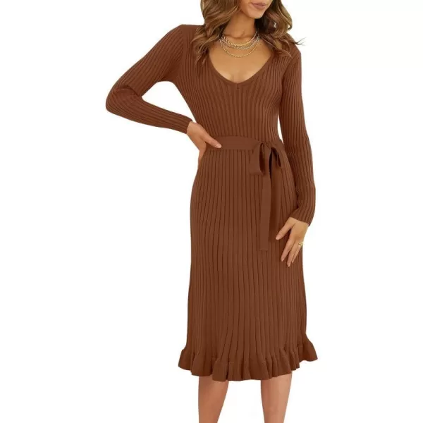 imageANRABESS Womens 2023 Sweater Dress Long Sleeve V Neck Pleated Slim Ribbed Knit Midi Dresses with BeltCoffee
