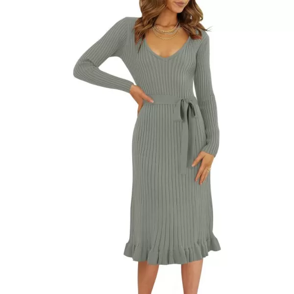 imageANRABESS Womens 2023 Sweater Dress Long Sleeve V Neck Pleated Slim Ribbed Knit Midi Dresses with BeltGreen