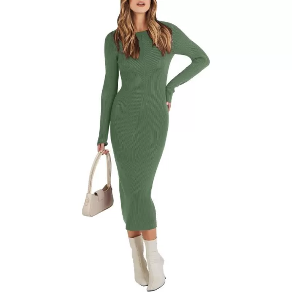 imageANRABESS Womens 2023 Trendy Long Sleeve Sweater Dress Crewneck Slim Fit Ribbed Knit Bodycon Midi DressOlive