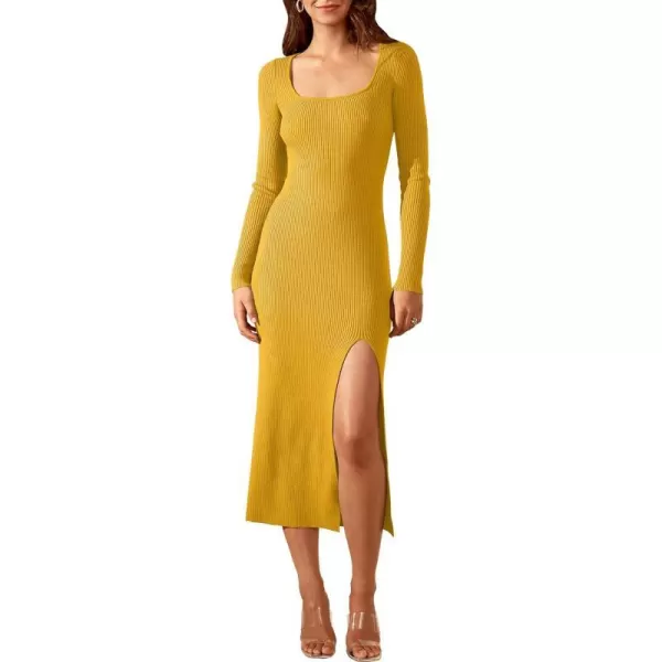 imageANRABESS Womens 2023 Trendy Long Sleeve Sweater Dress Square Neck Side Slit Bodycon Ribbed Knit Slim Fit Midi DressYellow
