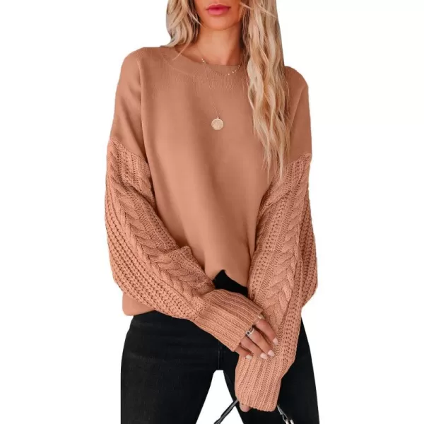 imageANRABESS Womens 2023 Trendy Sweaters Long Sleeve Crewneck Cable Knit Pullover Oversized Casual Chunky TopsAmber