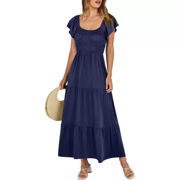 imageANRABESS Womens 2024 Summer Casual Flutter Short Sleeve V Neck Smocked Elastic Waist Tiered A Line Maxi DressNavy Blue