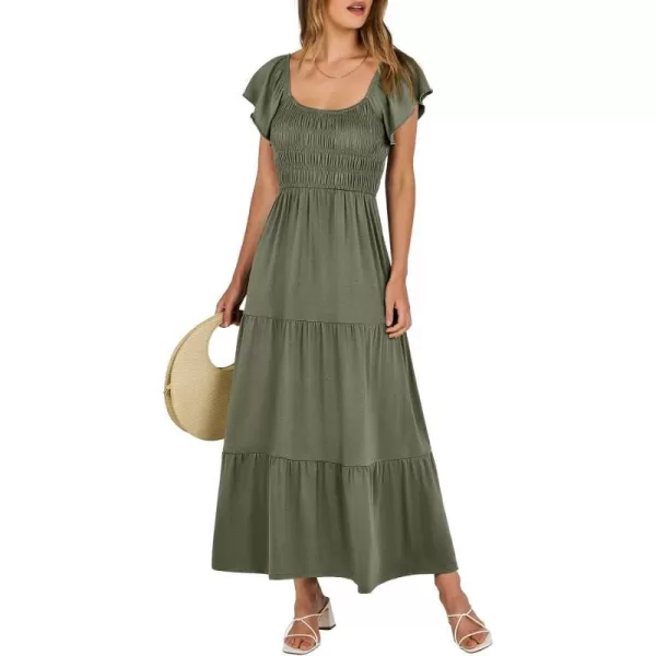 imageANRABESS Womens 2024 Summer Casual Flutter Short Sleeve V Neck Smocked Elastic Waist Tiered A Line Maxi DressOlive