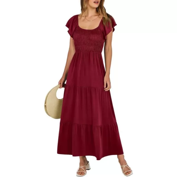 imageANRABESS Womens 2024 Summer Casual Flutter Short Sleeve V Neck Smocked Elastic Waist Tiered A Line Maxi DressWine Red
