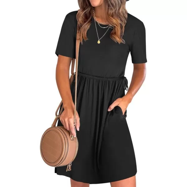 imageANRABESS Womens 2024 Summer Casual Short Sleeve Crew Neck Tie Waist Hide Belly T Shirt Dress with PocketsBlack