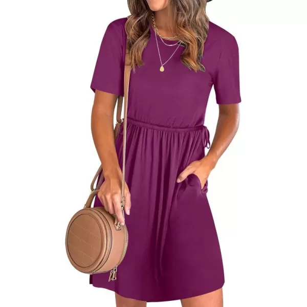 imageANRABESS Womens 2024 Summer Casual Short Sleeve Crew Neck Tie Waist Hide Belly T Shirt Dress with PocketsGrape Purple