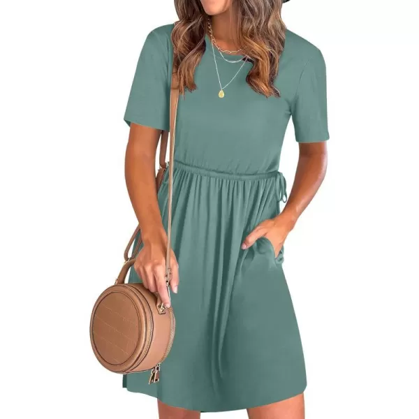 imageANRABESS Womens 2024 Summer Casual Short Sleeve Crew Neck Tie Waist Hide Belly T Shirt Dress with PocketsGrass