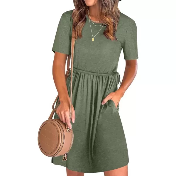 imageANRABESS Womens 2024 Summer Casual Short Sleeve Crew Neck Tie Waist Hide Belly T Shirt Dress with PocketsGreen