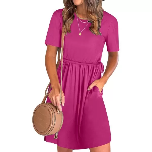 imageANRABESS Womens 2024 Summer Casual Short Sleeve Crew Neck Tie Waist Hide Belly T Shirt Dress with PocketsHot Pink