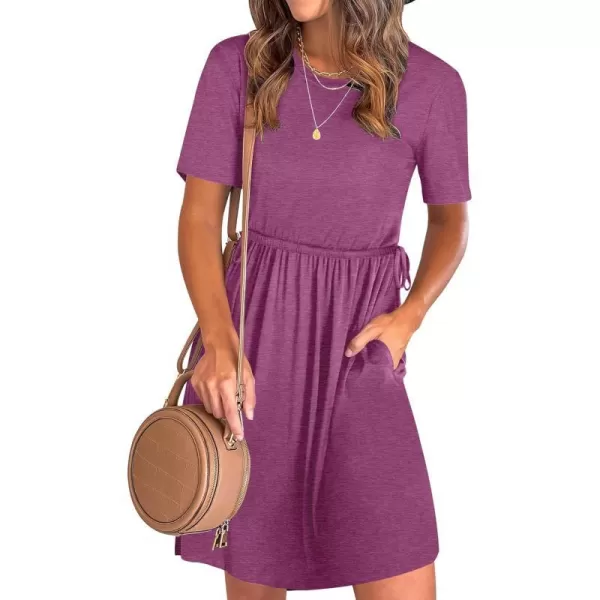 imageANRABESS Womens 2024 Summer Casual Short Sleeve Crew Neck Tie Waist Hide Belly T Shirt Dress with PocketsPurple