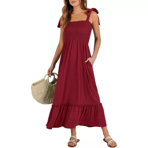 imageANRABESS Womens 2024 Summer Casual Spaghetti Strap Square Neck Smocked Flowy A Line Beach Long Maxi Sun DressBurgundy