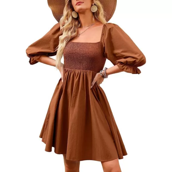 imageANRABESS Womens 34 Puff Sleeve Square Neck Smocked Babydoll Dress Cute A Line Flowy Short Mini DressCaramel
